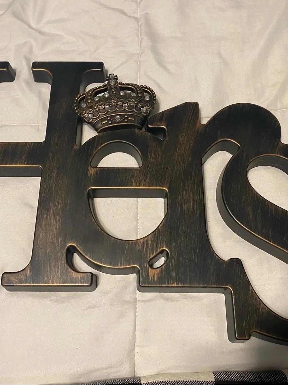 Decorative 'His and Hers’ Wall Sign in Distressed Black with Bronze Crown